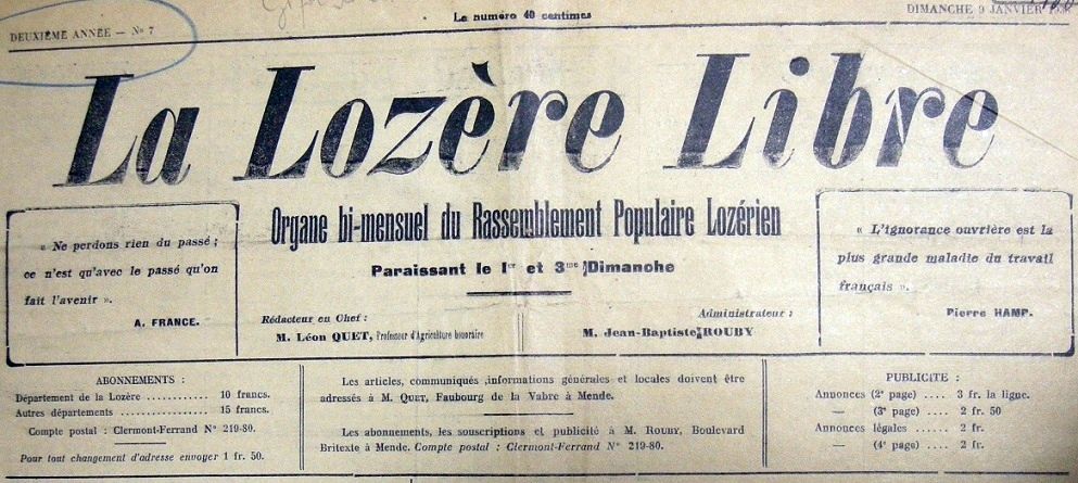 Photo (BnF / Gallica) de : La Lozère libre. Mende, 1937-1948. ISSN 2131-5825.