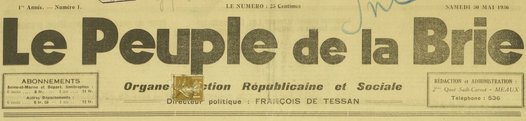 Photo (BnF / Gallica) de : Le Peuple de la Brie. Meaux, 1936-[1947 ?]. ISSN 2134-8391.