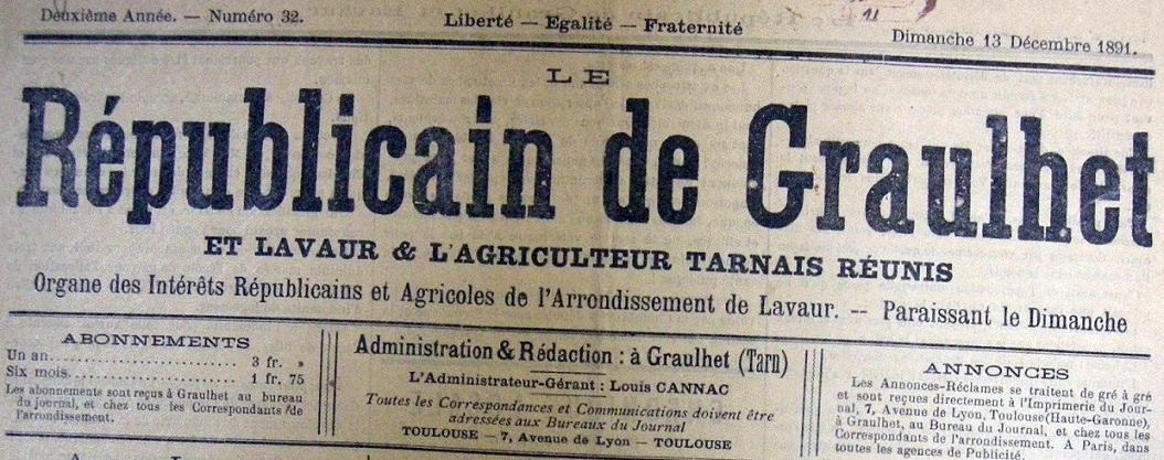Photo (BnF / Gallica) de : Le Républicain de Graulhet et Lavaur & l'Agriculteur tarnais réunis. Graulhet, Toulouse, 1891-1910. ISSN 2136-2688.