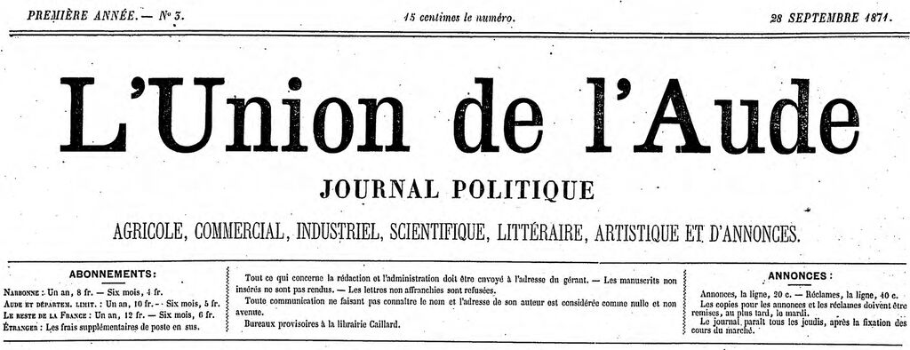 Photo (BnF / Gallica) de : L'Union de l'Aude. Narbonne, 1871-1885. ISSN 2139-3184.