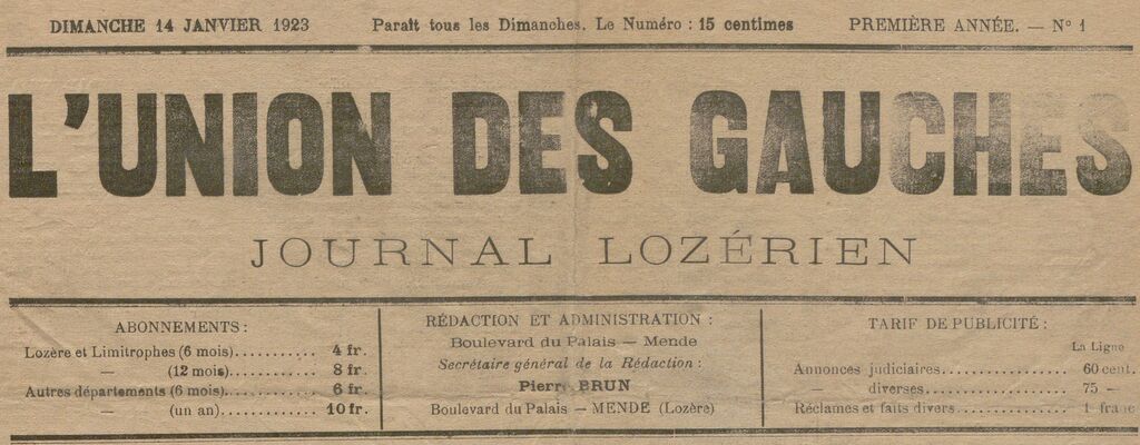 Photo (BnF / Gallica) de : L'Union des gauches. Mende, 1923-1930. ISSN 2139-3664.