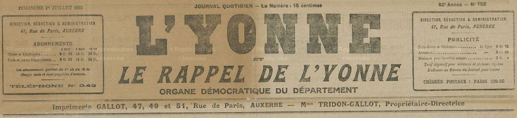 Photo (Bibliothèque municipale (Auxerre)) de : L'Yonne et le Rappel de l'Yonne. Auxerre, 1923-1928. ISSN 2140-4275.