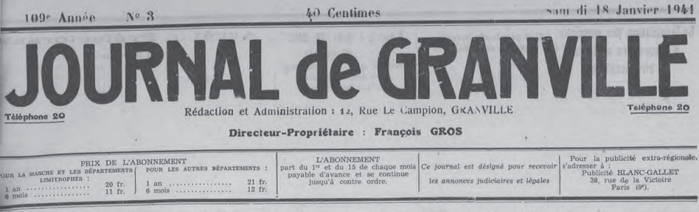 Photo (Médiathèque Charles de la Morandière (Granville, Manche)) de : Journal de Granville. Granville, 1940-1944. ISSN 2130-3711.