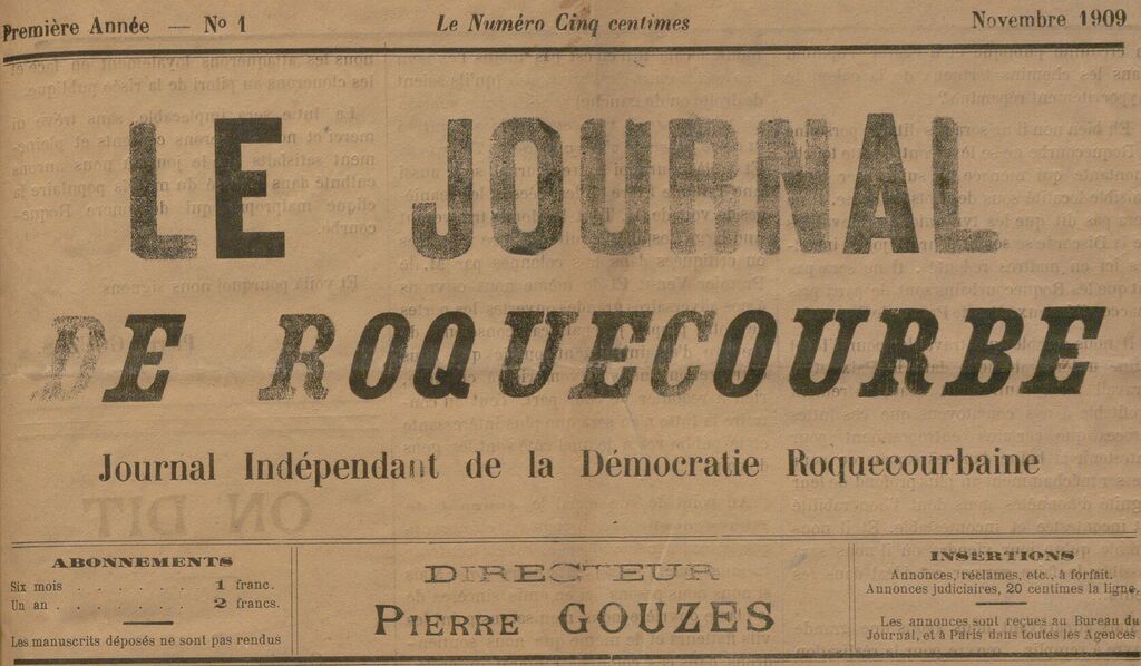 Photo (BnF / Gallica) de : Le Journal de Roquecourbe. Roquecourbe, 1909-1910. ISSN 1965-7412.
