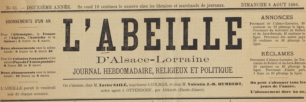 Photo (BnF / Gallica) de : L'Abeille d'Alsace-Lorraine. Belfort, 1885-1887. ISSN 1256-3021.