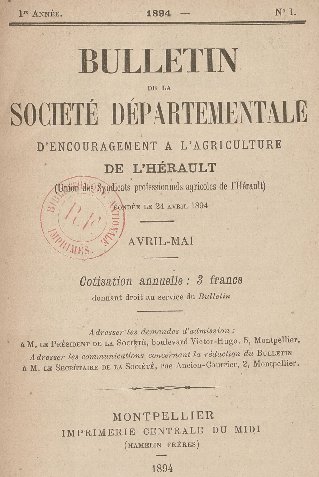 Photo (BnF / Gallica) de : Bulletin de la Société départementale d'encouragement à l'agriculture de l'Hérault. Montpellier, 1894-[1939 ?]. ISSN 2122-7055.