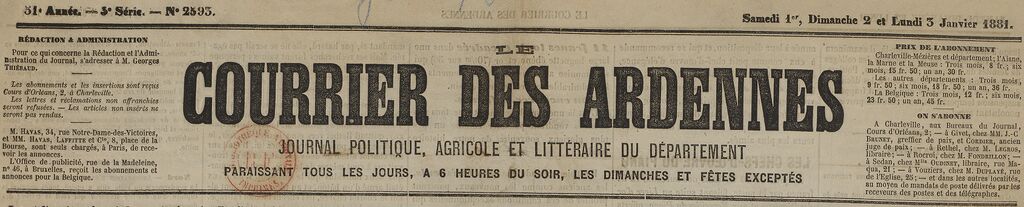 Photo (BnF / Gallica) de : Le Courrier des Ardennes. Charleville, 1849-1921. ISSN 2019-272X.