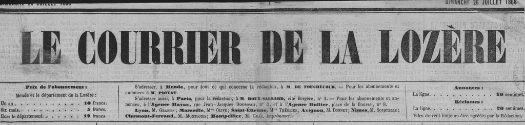 Photo (BnF / Gallica) de : Le Courrier de la Lozère. Mende, 1857-1917. ISSN 2124-751X.