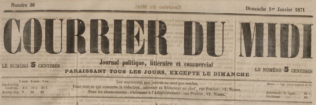 Photo (BnF / Gallica) de : Courrier du Midi. Nîmes, 1870-[1871 ?]. ISSN 2124-8915.