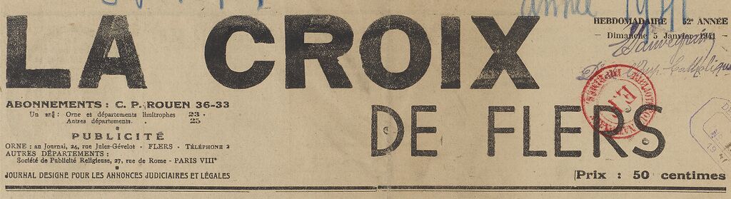 Photo (BnF / Gallica) de : La Croix de Flers. Flers-de-l'Orne, [1900 ?]-1943. ISSN 2125-2106.