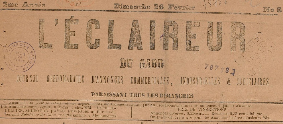 Photo (BnF / Gallica) de : L'Éclaireur du Gard. Aigues-Mortes, 1881-[1890 ?]. ISSN 2126-9858.