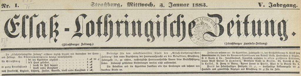 Photo (BnF / Gallica) de : Elsass-Lothringische Zeitung. Strassburg, 1879-1884. ISSN 1277-829X.