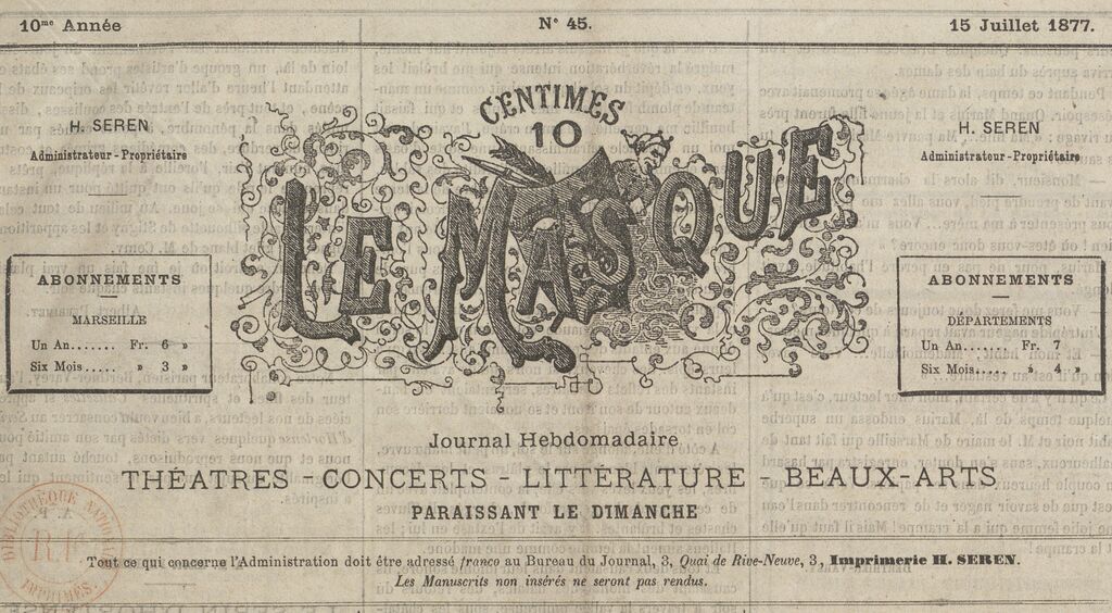 Photo (BnF / Gallica) de : Le Masque. Marseille, 1869-[1910 ?]. ISSN 2131-9286.