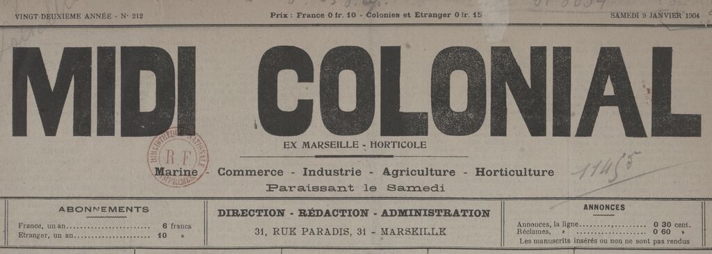Photo (BnF / Gallica) de : Midi colonial. Marseille, Paris, 1904-1944. ISSN 2132-2139.