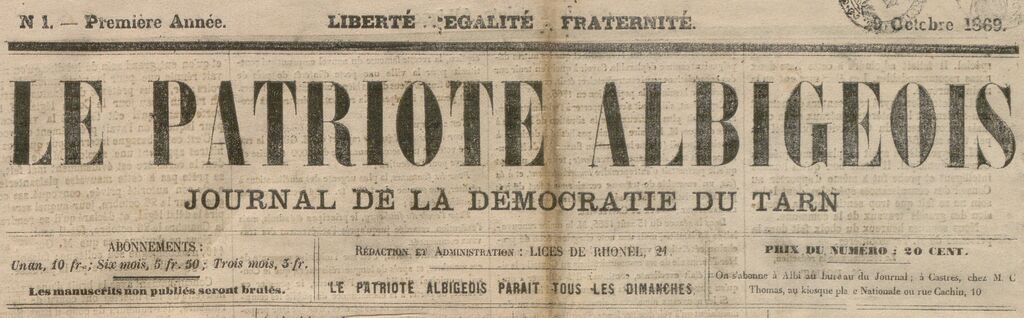 Photo (BnF / Gallica) de : Le Patriote albigeois. Albi, 1869-1922. ISSN 2133-6652.