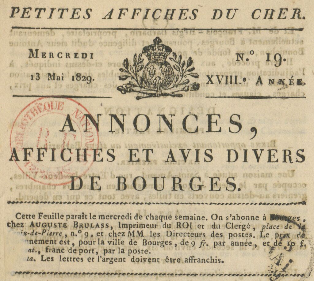 Photo (BnF / Gallica) de : Petites affiches du Cher. Bourges : Impr. d'Auguste Brulass, [1818 ?-1831 ?]. ISSN 1966-2874.