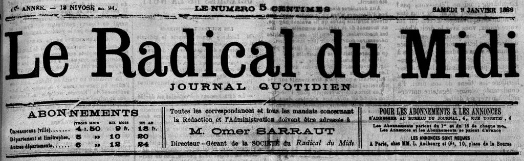 Photo (BnF / Gallica) de : Le Radical du Midi. Carcassonne, 1886-1910. ISSN 2135-8524.