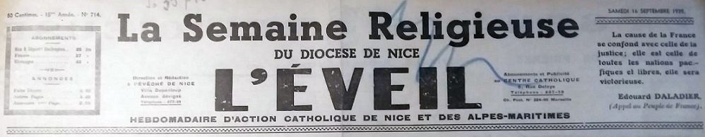 Photo (BnF / Gallica) de : La Semaine religieuse du diocèse de Nice, L'Éveil. Nice, 1939-[1940 ?]. ISSN 1162-5007.