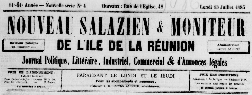 Photo (BnF / Gallica) de : Nouveau Salazien & Moniteur de l'île de La Réunion. Saint-Denis, 1885-1887. ISSN 2428-5617.