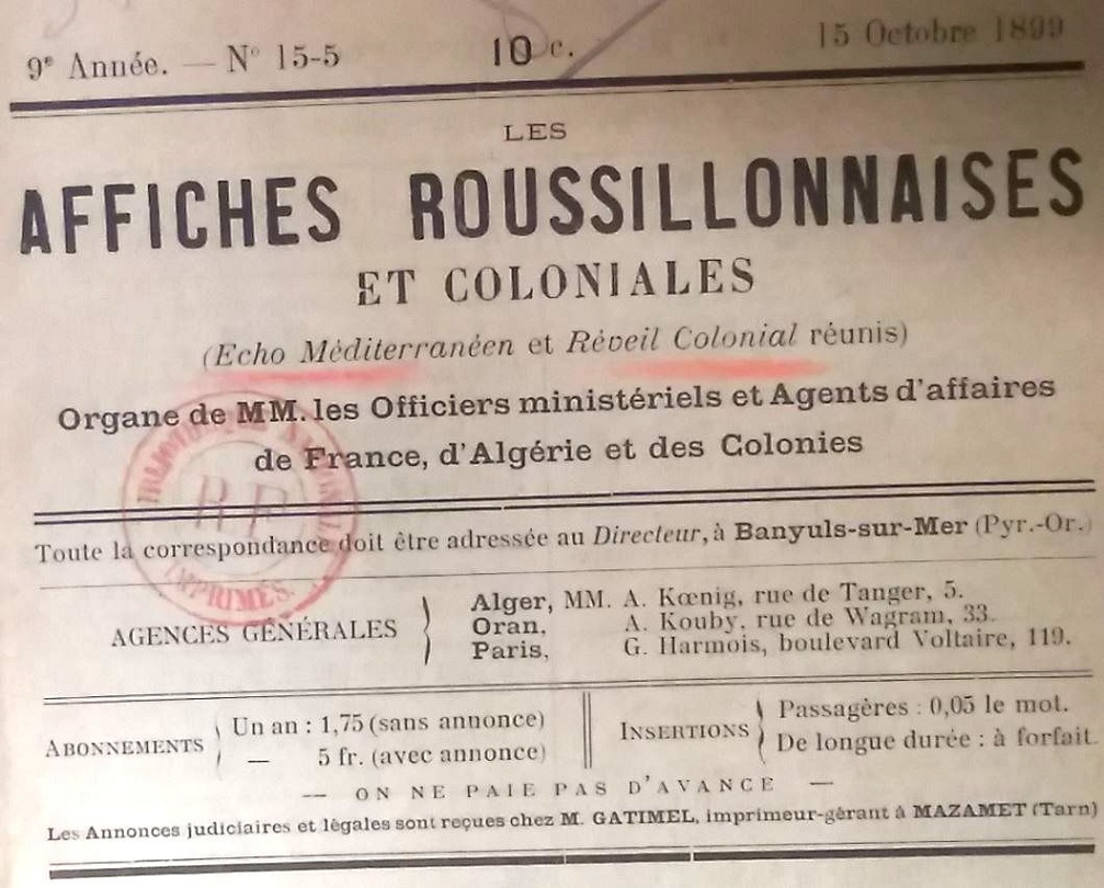 Photo (BnF / Gallica) de : Les Affiches roussillonnaises et coloniales. Banyuls-sur-Mer, [1899 ?-1900 ?]. ISSN 2120-3458.