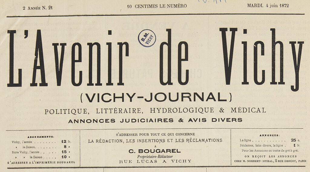 Photo (BnF / Gallica) de : L'Avenir de Vichy. Vichy, 1872-1929. ISSN 2121-5502.