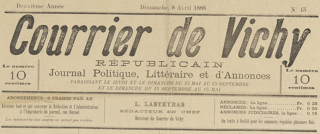 Photo (BnF / Gallica) de : Courrier de Vichy républicain. Vichy, 1887-1888. ISSN 2124-8249.