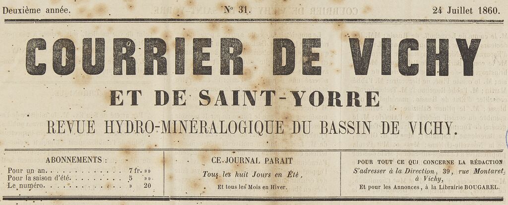 Photo (BnF / Gallica) de : Courrier de Vichy et de Saint-Yorre. Vichy, 1859-1865. ISSN 2124-8257.