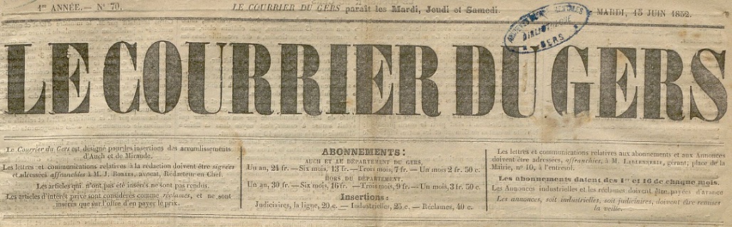 Photo (BnF / Gallica) de : Le Courrier du Gers. Auch, 1852-1869. ISSN 2124-8745.