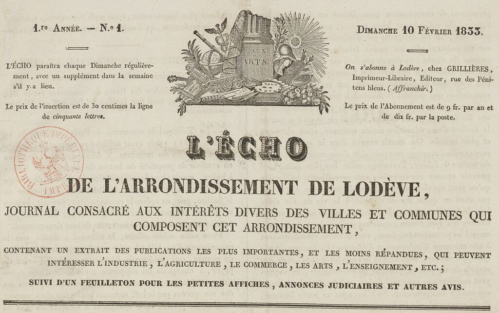 Photo (BnF / Gallica) de : L'Écho de l'arrondissement de Lodève. Lodève : Grillières, 1833. ISSN 2126-211X.