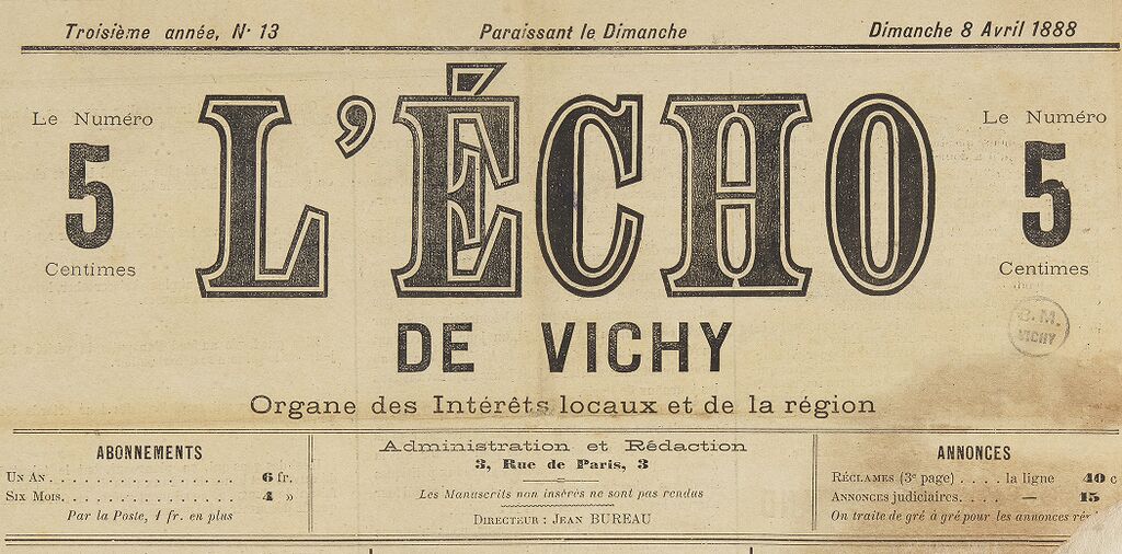 Photo (BnF / Gallica) de : L'Écho de Vichy. Vichy, 1886-1914. ISSN 2126-4619.