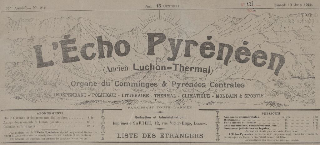 Photo (BnF / Gallica) de : L'Écho pyrénéen. Luchon, 1922-1944. ISSN 2126-7537.
