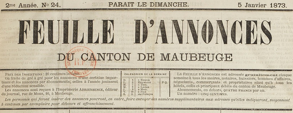 Photo (BnF / Gallica) de : Feuille d'annonces du canton de Maubeuge. Maubeuge, 1872-1879. ISSN 2127-9195.