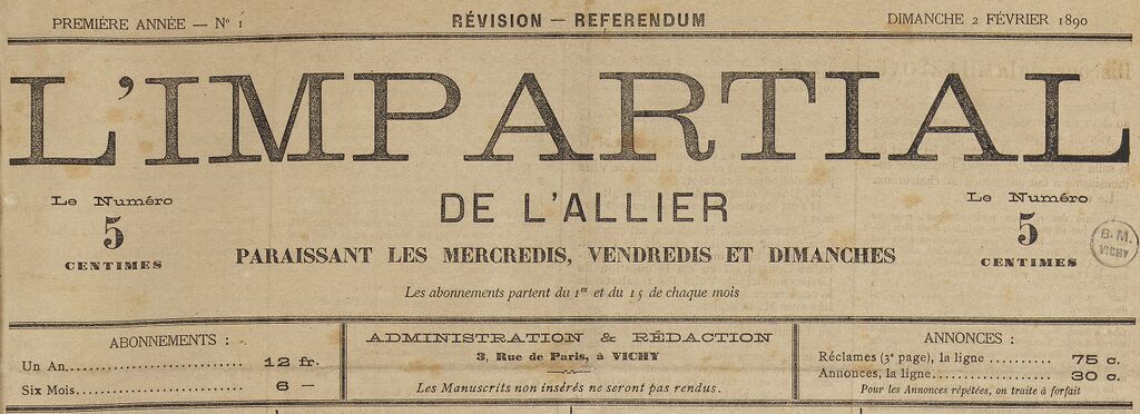 Photo (BnF / Gallica) de : L'Impartial de l'Allier. Vichy, 1890-1891. ISSN 2129-3333.