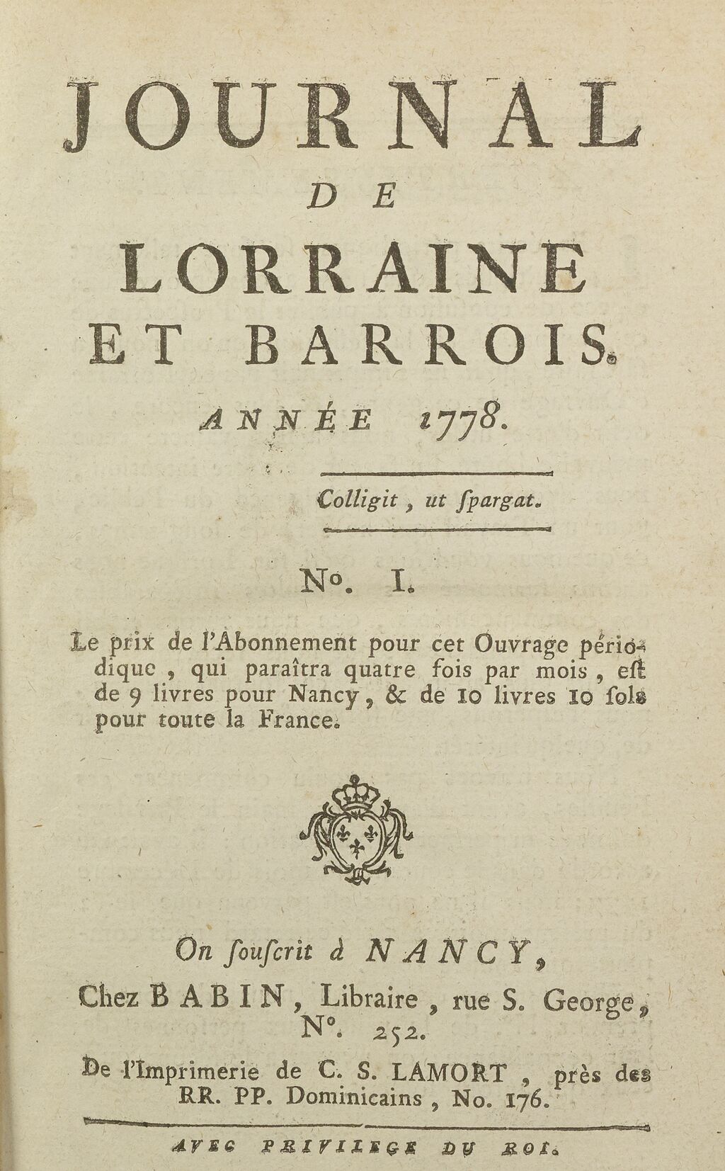 Photo (BnF / Gallica) de : Journal de Lorraine et Barrois. Nancy : Claude Sigisbert Lamort, 1778. ISSN 2103-0626.