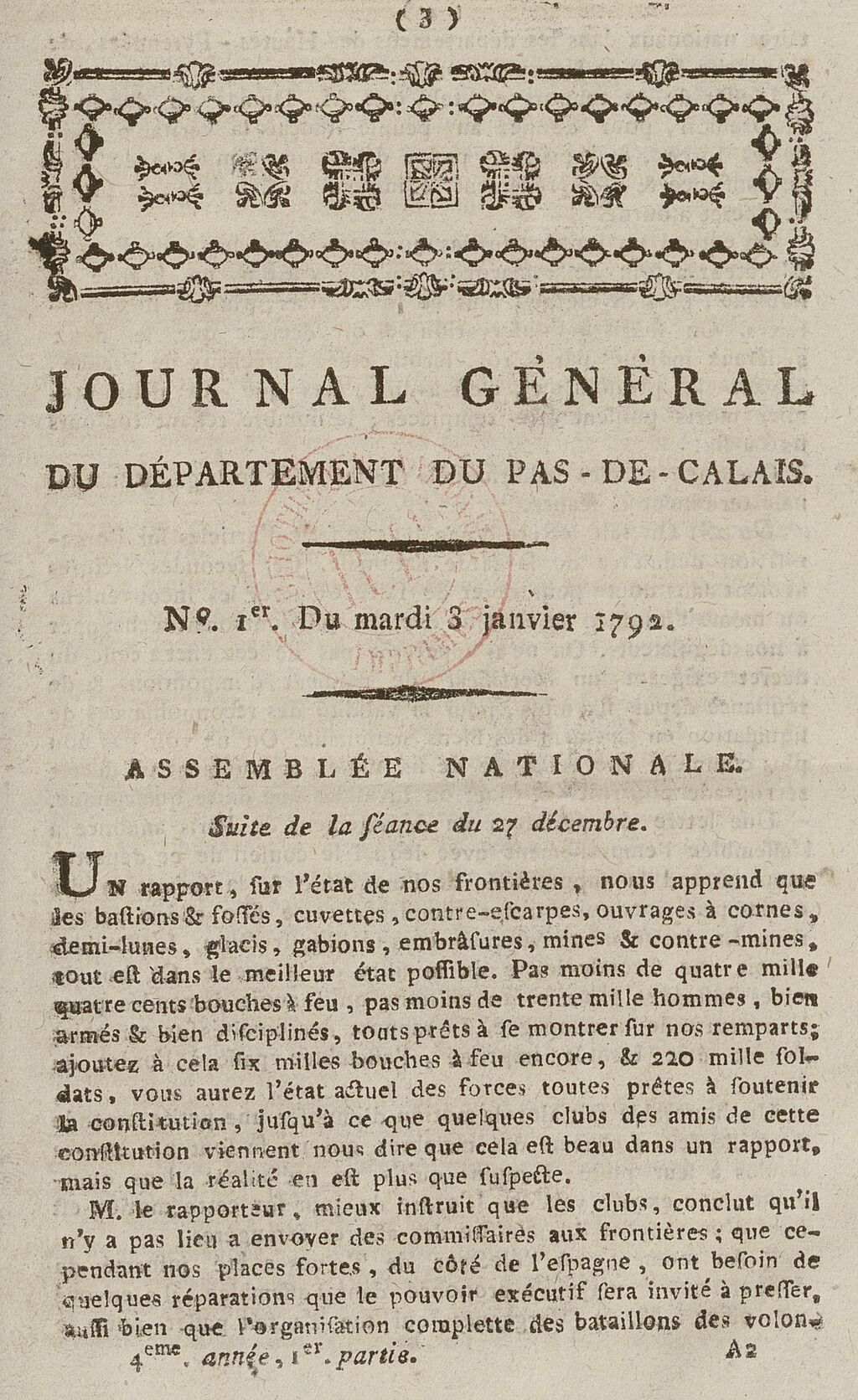 Photo (BnF / Gallica) de : Journal général du département du Pas-de-Calais. Arras, 1790-1792. ISSN 2130-9507.