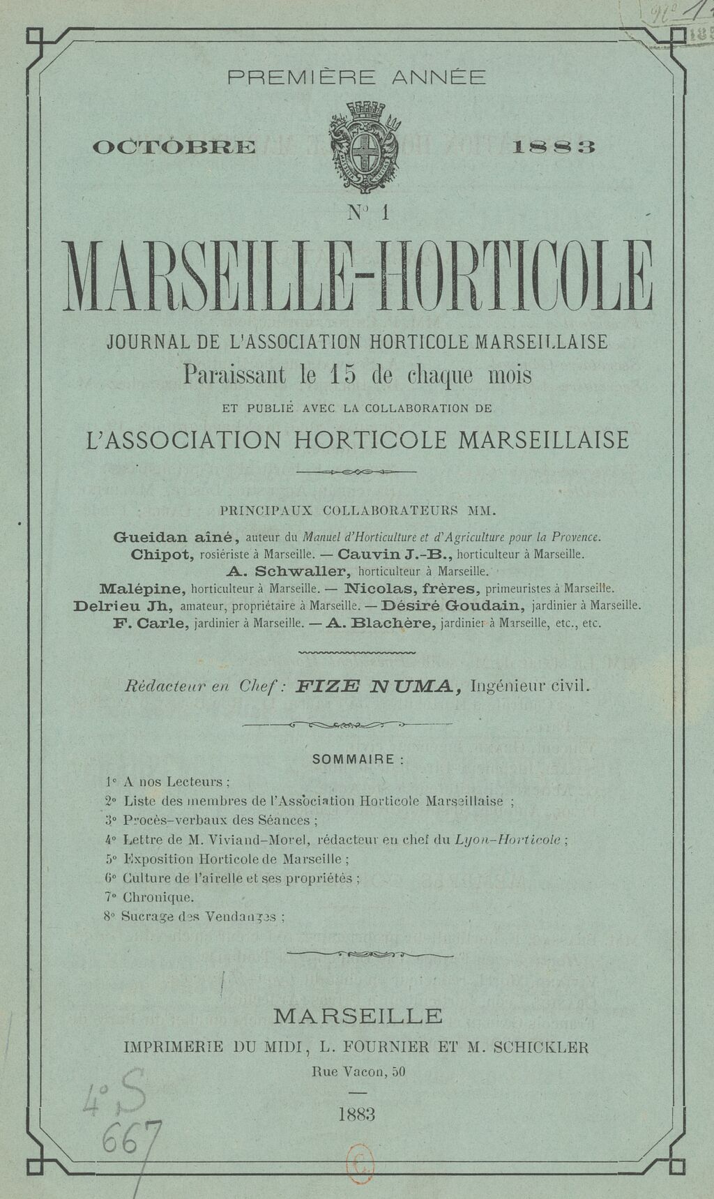 Photo (BnF / Gallica) de : Marseille horticole. Marseille : Impr. du midi, L. Fournier et M. Schickler, 1883-[189.]. ISSN 2131-8611.