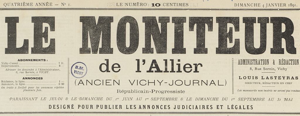 Photo (BnF / Gallica) de : Le Moniteur de l'Allier. Vichy, 1891-1936. ISSN 2132-4182.