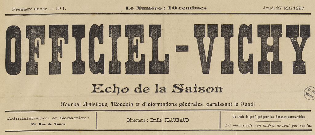 Photo (BnF / Gallica) de : Officiel-Vichy. Vichy, 1897-1898. ISSN 2133-2940.