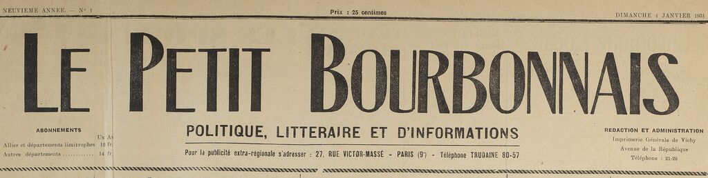 Photo (BnF / Gallica) de : Le Petit Bourbonnais. Moulins, 1923-1934. ISSN 2133-9910.