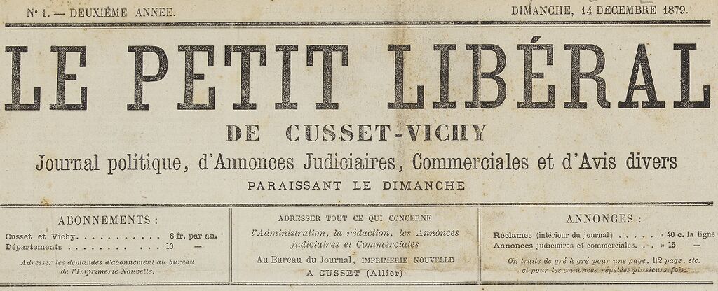 Photo (BnF / Gallica) de : Le Petit libéral de Cusset-Vichy. Cusset, 1878-1944. ISSN 2134-2350.