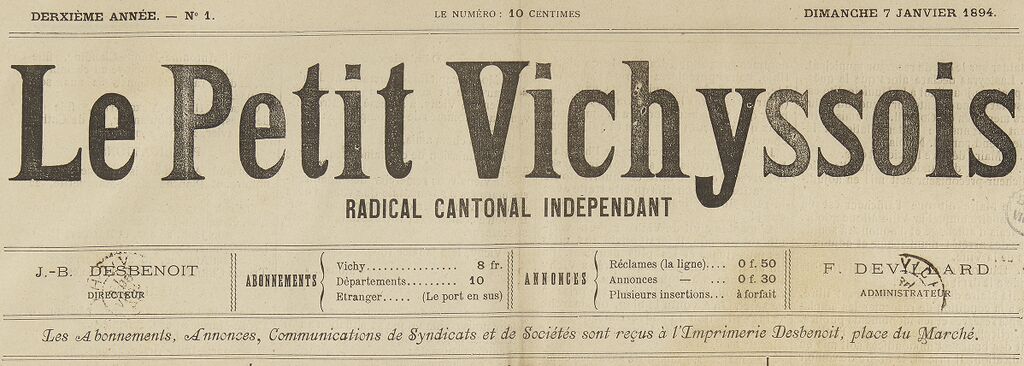 Photo (BnF / Gallica) de : Le Petit Vichyssois. Vichy, 1893-1929. ISSN 2134-5244.