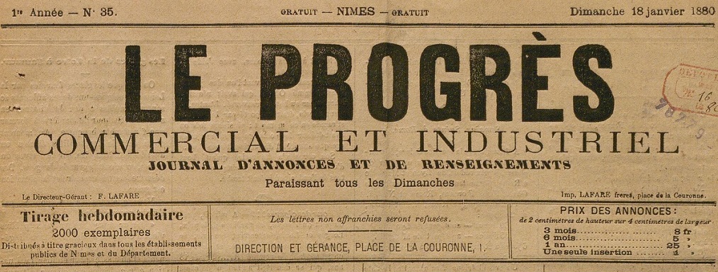 Photo (BnF / Gallica) de : Le Progrès commercial et industriel. Nîmes, 1879-[1883 ?]. ISSN 2135-331X.