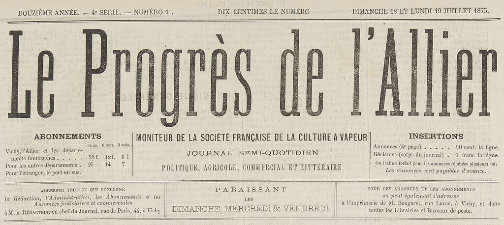 Photo (BnF / Gallica) de : Le Progrès de l'Allier. Vichy, 1875. ISSN 2135-3662.