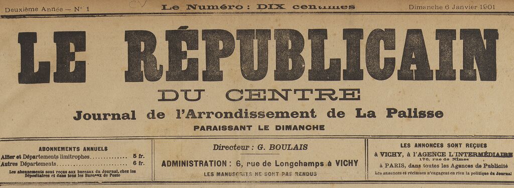 Photo (BnF / Gallica) de : Le Républicain du Centre. Vichy, 1900-1901. ISSN 2136-4001.