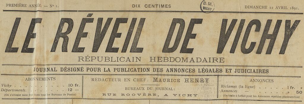 Photo (BnF / Gallica) de : Le Réveil de Vichy. Vichy, 1891-1896. ISSN 2136-9038.