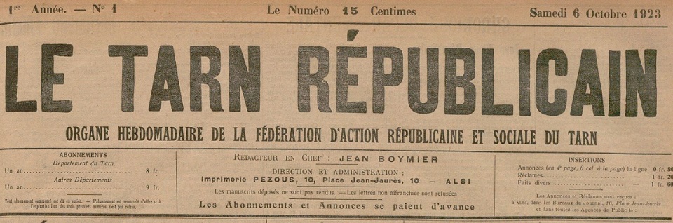 Photo (BnF / Gallica) de : Le Tarn républicain. Albi : Fédération d'action républicaine et sociale du Tarn, 1923-1944. ISSN 2021-2224.