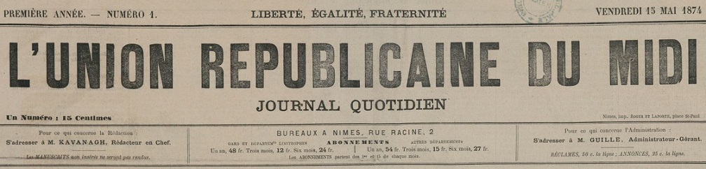 Photo (BnF / Gallica) de : L'Union républicaine du Midi. Nîmes, 1874-1875. ISSN 2139-5748.