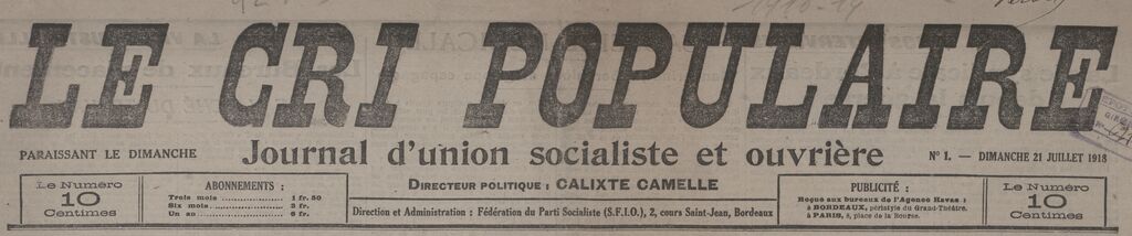 Photo (BnF / Gallica) de : Le Cri populaire. Bordeaux, 1918-1939. ISSN 0982-1538.