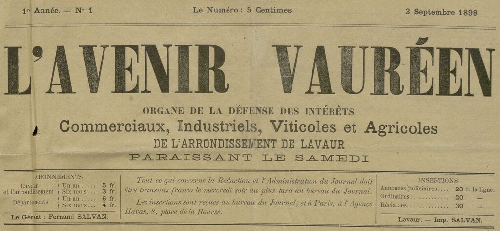 Photo (BnF / Gallica) de : L'Avenir vauréen. Lavaur, 1898-1910. ISSN 2121-7238.