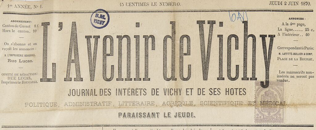 Photo (BnF / Gallica) de : L'Avenir de Vichy. Vichy, 1870-1871. ISSN 1960-5471.